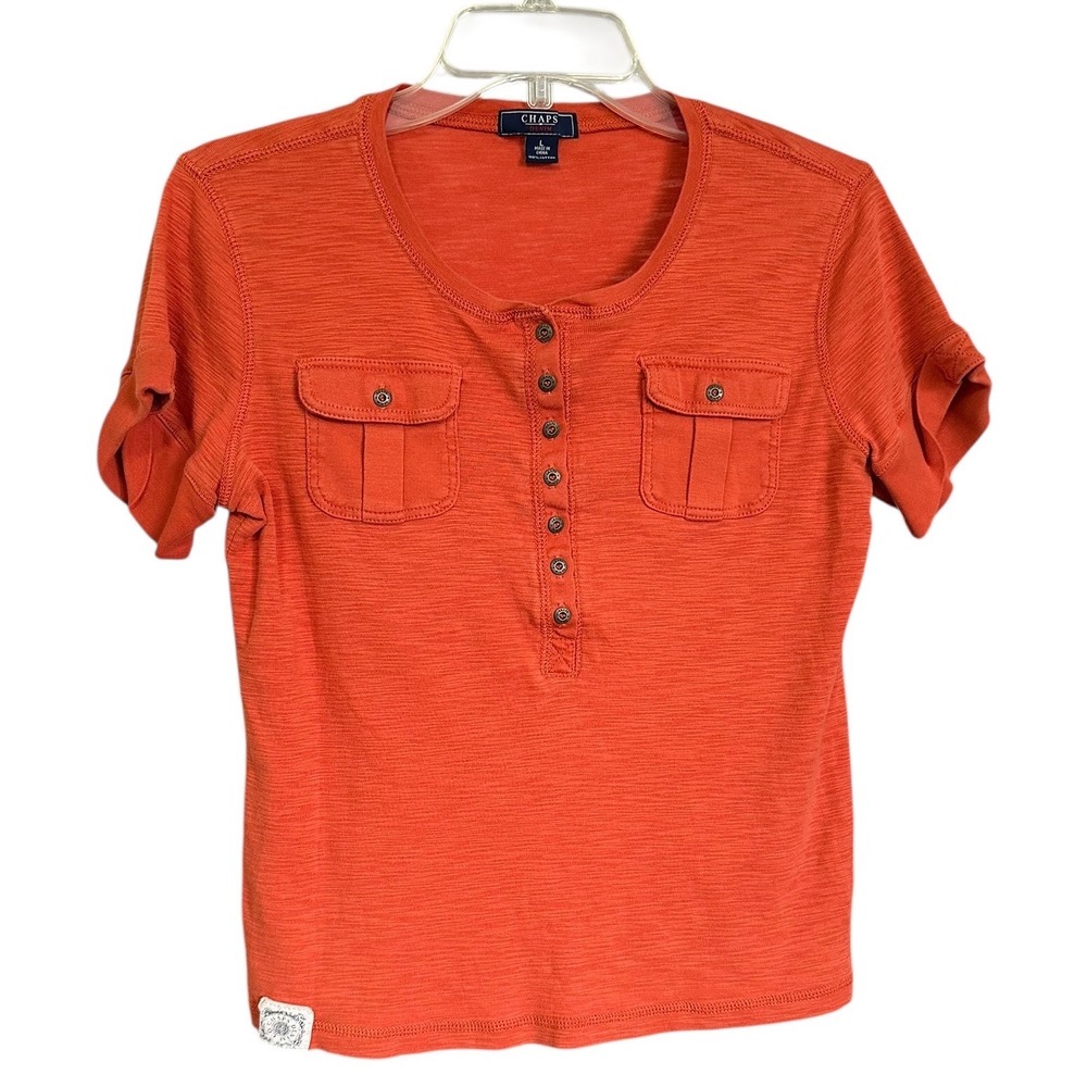 Chaps Denim Womens Burnt‎ Orange Slub Cotton Short Sleeve Henley Top Large